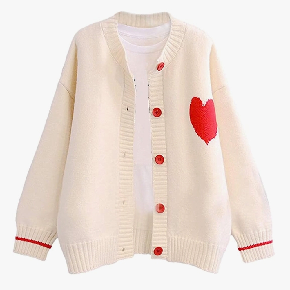 Women's Love Heart Knitted Cardigan Cute Cream Cardigan Y2K Red Heart Detail